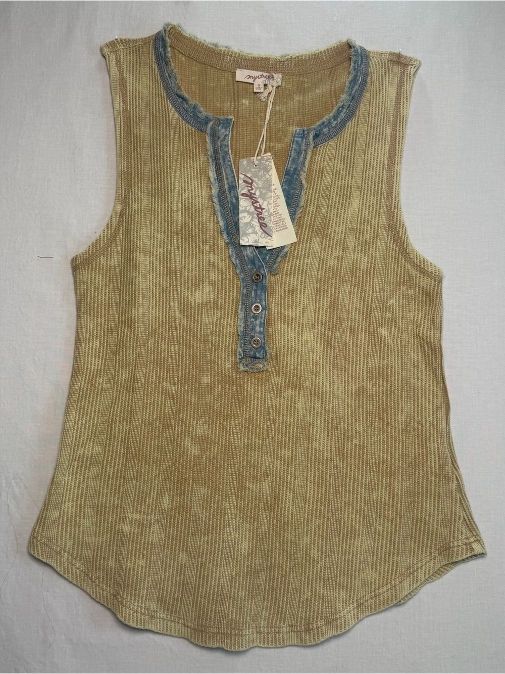 Mystree Olive Ribbed Tank with Denim-Trim Henley